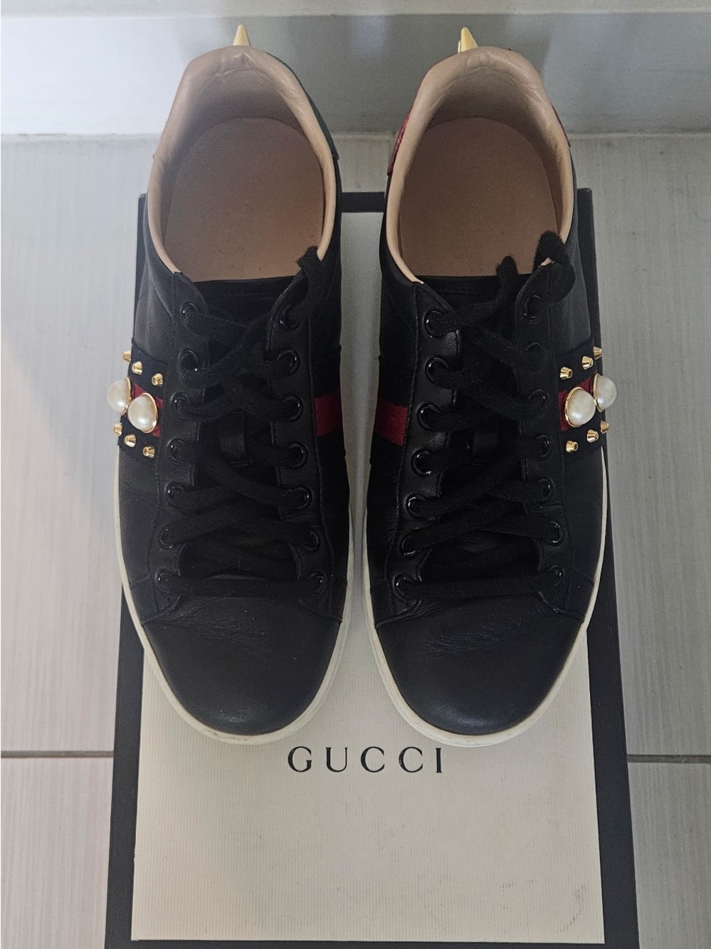 Gucci Black Leather Sneakers with Pearl & Gold Studs and Red/Green Stripe
